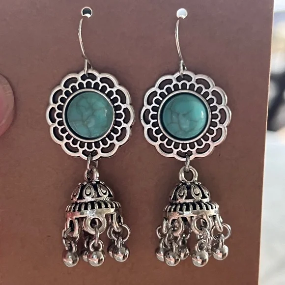 Boho Tribal Silver and Turquoise Color Teardrop Drop Dangle Earrings 2.5” - Picture 4 of 4